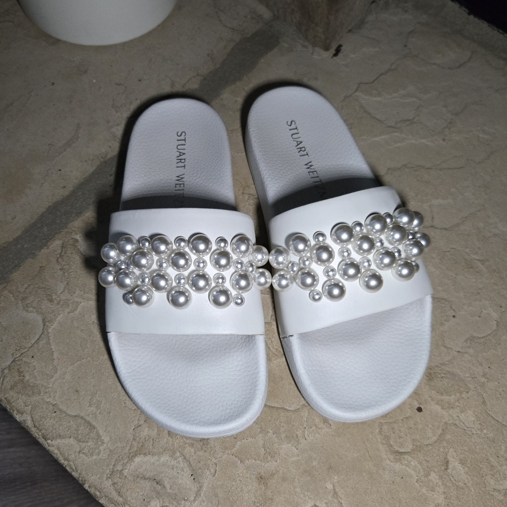 Stuart Weitzman Goldie Pearl Embellished Slides